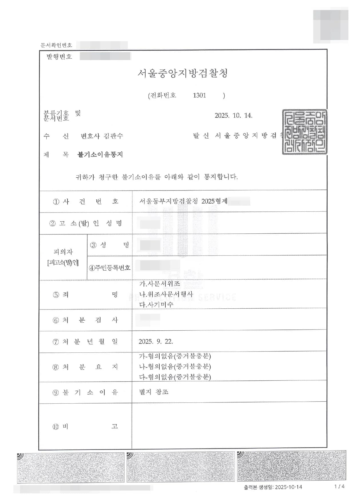 사문서위조, 위조사문서행사, 사기미수 불기소