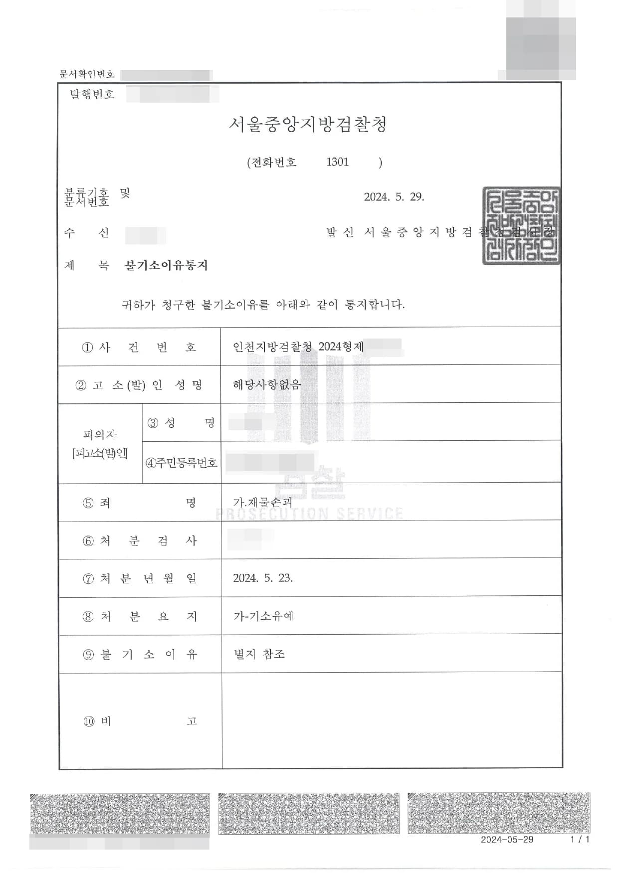 재물손괴 기소유예