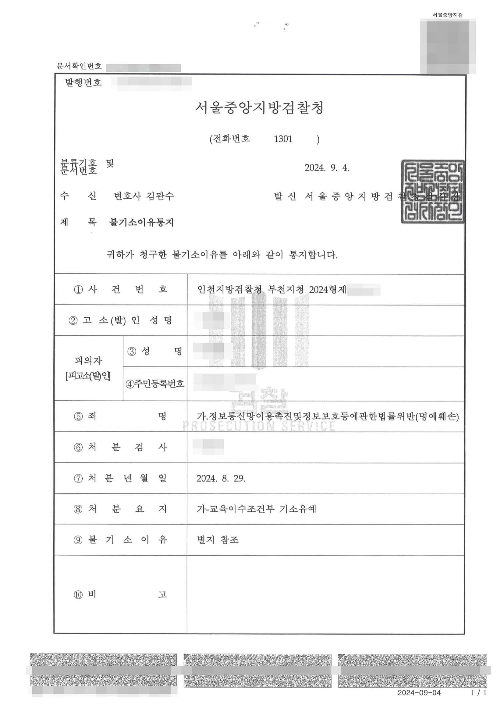 정보통신망이용촉진및정보보호등에관한법률위반(명예훼손) 기소유예