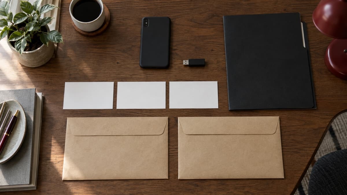 사람 없는 한국 사무실 책상 위 꺼진 휴대전화와 저장장치, 빈 카드 세 장과 무지 증거봉투를 시간순으로 놓은 장면