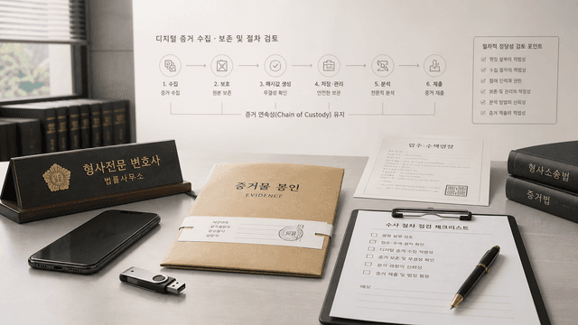 경찰조사 중 휴대폰·USB 등 디지털 증거 압수수색 전화와 영장, 증거 보존 절차를 확인하는 이미지
