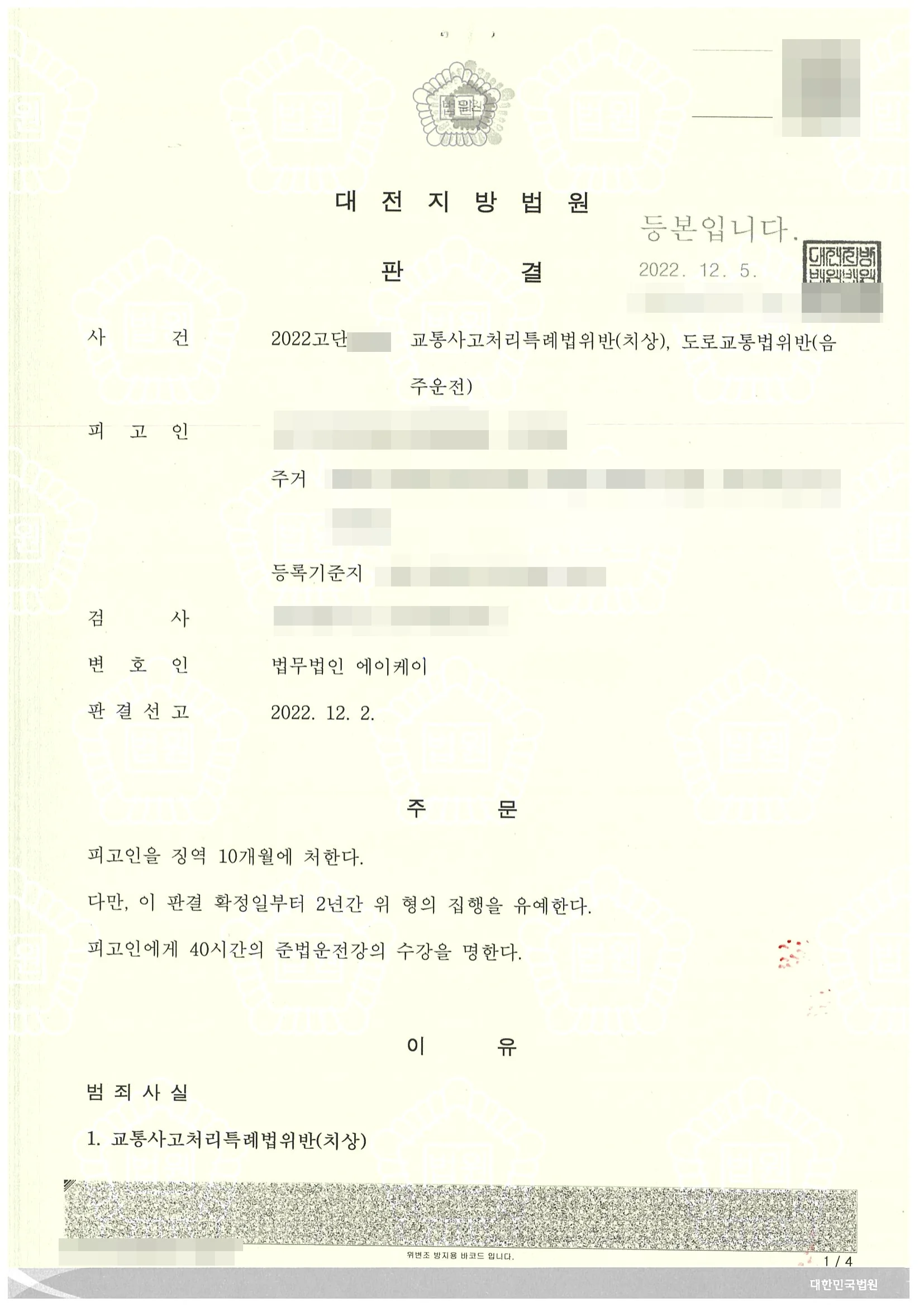 교통사고처리특례법위반(치상), 도로교통법위반(음주운전) 집행유예