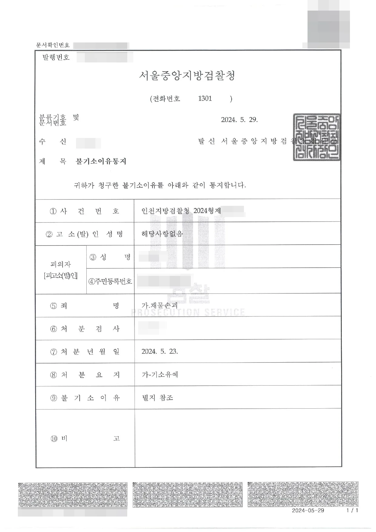 재물손괴 기소유예