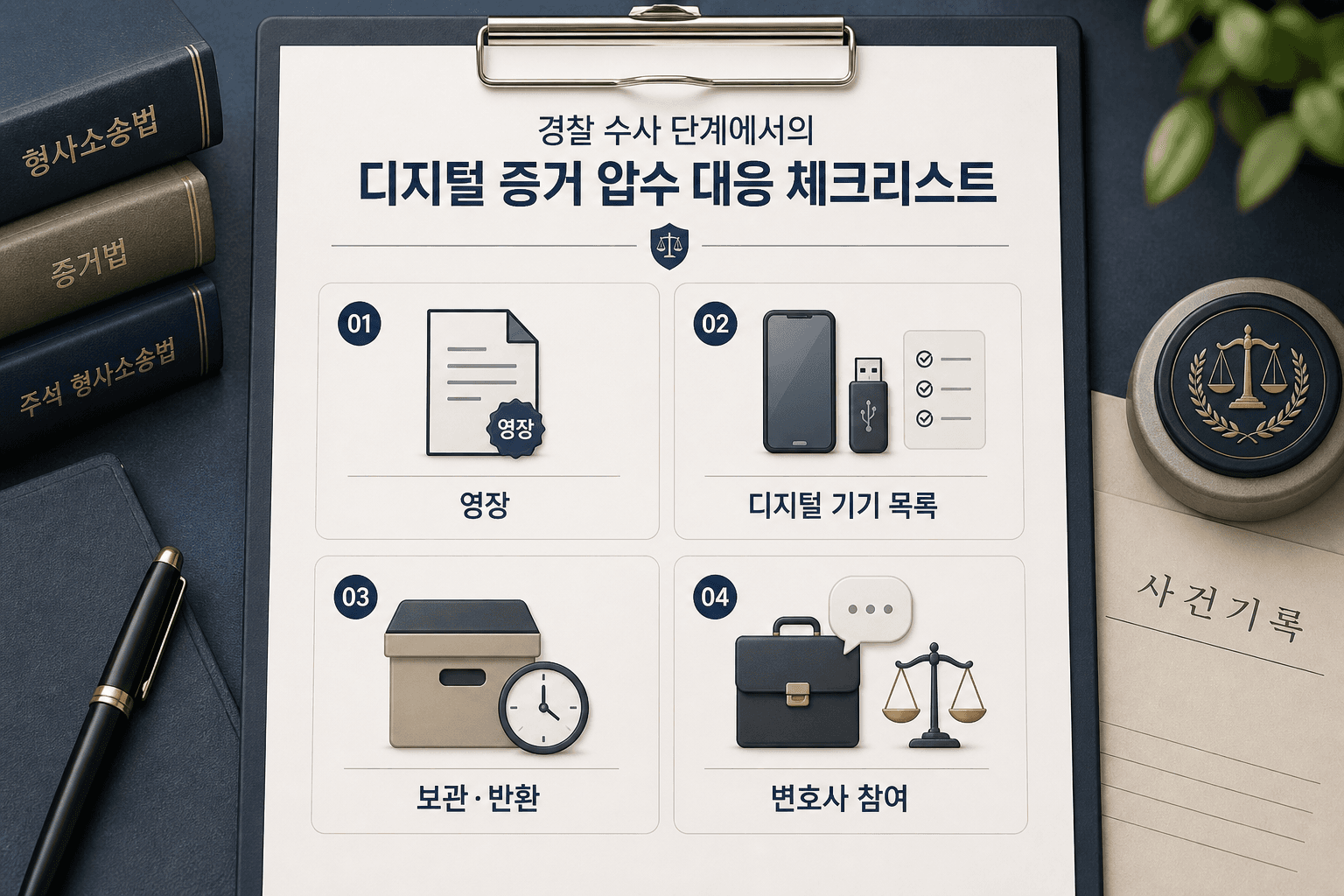 경찰조사 디지털 증거 압수수색 대응 시 전화·영장·기기목록·보관반환·변호사참여를 나누어 확인하는 체크리스트 이미지