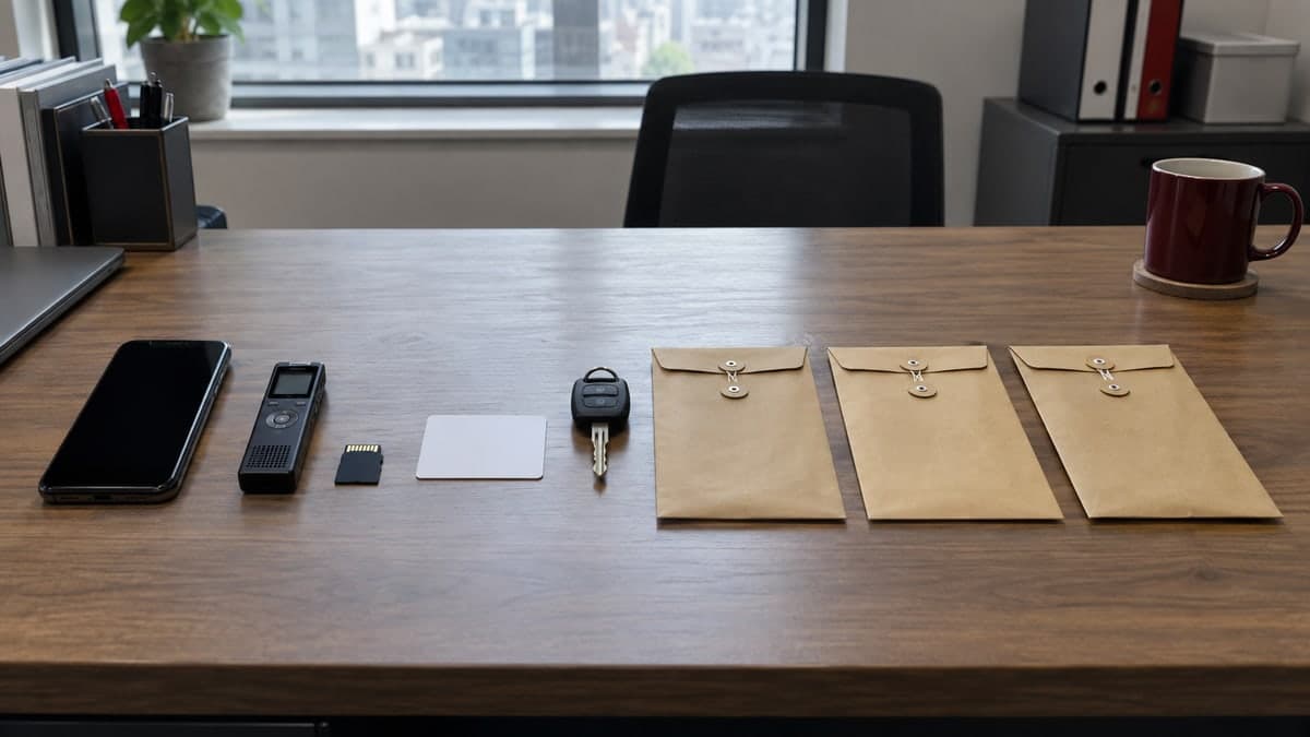 사람 없는 한국 사무실 책상 위 꺼진 휴대전화와 메모리카드, 소형 녹음기, 무지 증거봉투를 시간순으로 놓은 허위 신고 증거 확인 장면