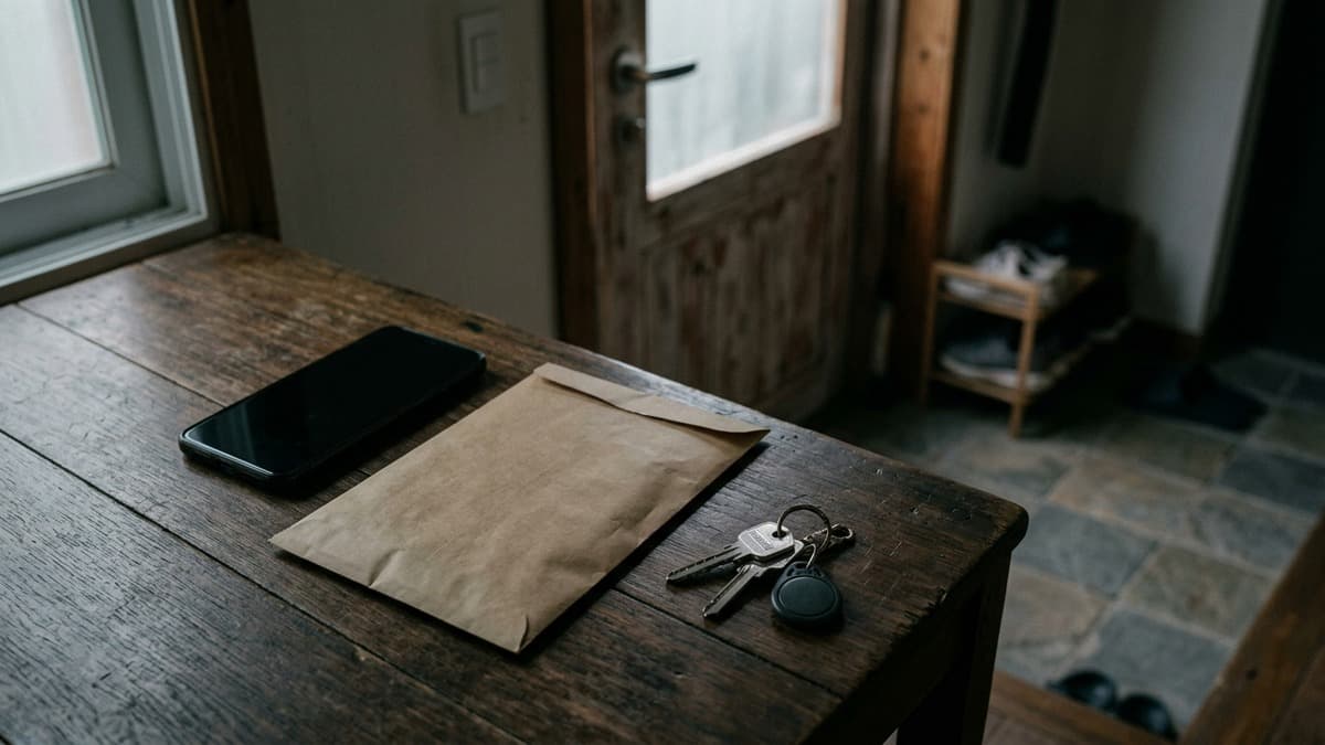 현관 탁자 위에 놓인 꺼진 휴대폰과 서류 봉투. 압수수색 영장 집행 상황을 보여주는 장면