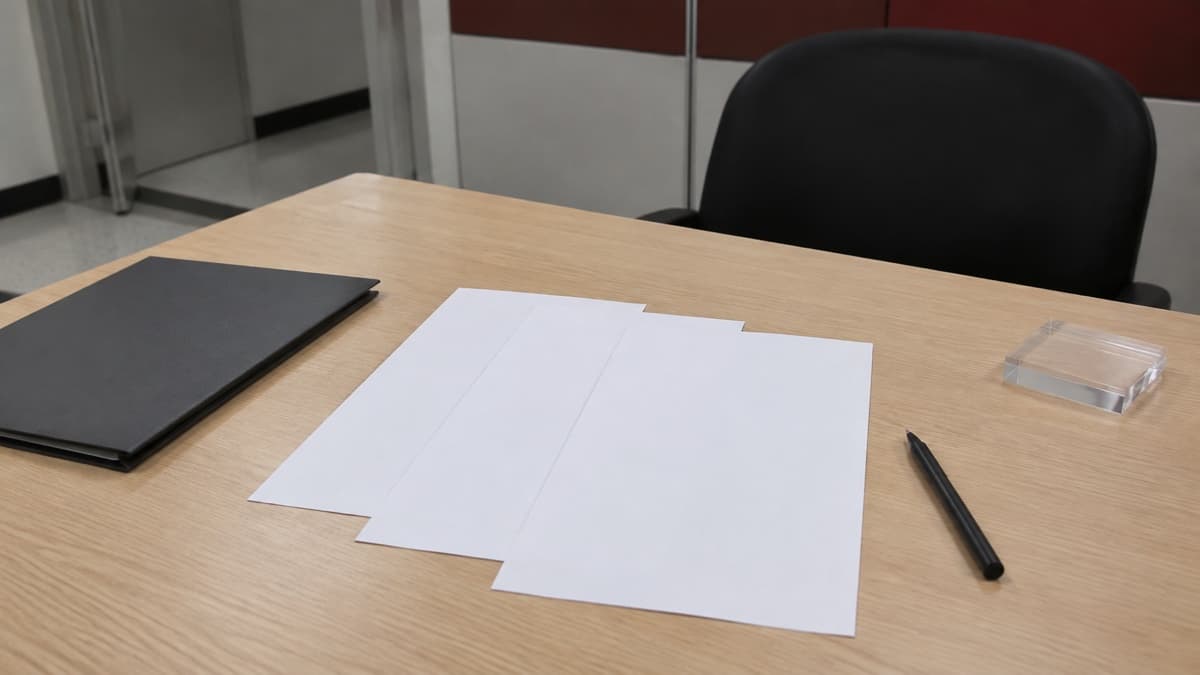 사람 없는 한국 경찰서 열람 공간의 빈 조서 용지와 검은 펜, 무표기 투명 문진이 놓인 기록 확인 장면